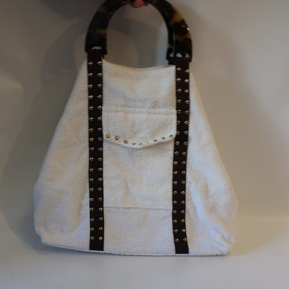 Womens Shay Todd White Brown Gold Studded Terry Cloth Tote Shoulder Handbag * - Picture 2 of 12